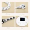 A collage of four images showcasing different aspects of a heating element for a radiator, including its coiled cable, plug, metal rod, and digital display. Produktbild-Vorschau