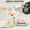 A collage showcasing different pasta cutting widths of a pasta maker attachment for a stand mixer. It includes close-ups of pasta dough, cut pasta noodles, and the attachments themselves. Podgląd zdjęcia produktu