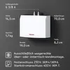 A white electronic device mounted on a dark gray wall, with technical specifications and dimensions displayed around it. Produktbild-Vorschau