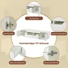 A collage of images highlighting the features of a white TV stand. Produktbild-Vorschau