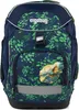 A front view of a child's backpack with a leaf pattern and a dragon patch. Voir les images du produit