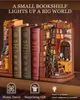 A miniature diorama of a bookshelf with books, a desk, a chair, and a ladder, illuminated by a lamp. Náhled obrázku produktu