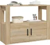 A wooden sideboard with two doors and a shelf above, decorated with a small figurine and a vase. Podgląd zdjęcia produktu