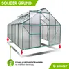 A greenhouse with a metal foundation frame, highlighted with text and graphics. Produktbild-Vorschau