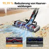 A vacuum cleaner head is shown cleaning a carpet, with a comparison of its brush roll to another type. Produktbild-Vorschau