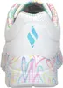 The back view of a white sneaker with colorful heart-shaped doodles on the sole and lining. Voir les images du produit