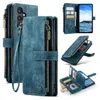 Multiple views of a blue leather wallet-style phone case for a Samsung Galaxy S24. Produktbild-Vorschau