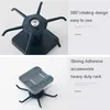 A collage of two images showcasing a rotating hook rack for kitchen utensils, with text highlighting its features. The top image shows the rack from a slightly elevated angle, while the bottom image displays the adhesive backing and hooks. Produktbild-Vorschau