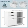 A diagram showing the dimensions of a white roll container with drawers and shelves. Podgląd zdjęcia produktu