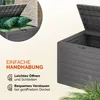A close-up marketing image of a grey outdoor storage box with its lid open, showing cushions inside. Text highlights ease of use. Produktbild-Vorschau