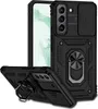 A black phone case with a sliding camera cover and a ring holder is displayed against a white background. Another view of the case is shown in the foreground. Produktbild-Vorschau