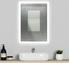 A modern bathroom vanity with a sink, faucet, and an illuminated LED mirror above it.