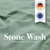 A close-up of green fabric with text overlays and certification badges. Produktbild-Vorschau