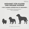 Marketing image showing silhouettes of dogs of different sizes with text about suitability for various breeds and ages. Náhled obrázku produktu
