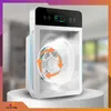 A white air purifier with a digital display and internal fan is shown on a pedestal, with swirling air effects. Podgląd zdjęcia produktu