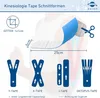 An illustration showing different ways to cut kinesiology tape, with measurements and labels. Produktbild-Vorschau