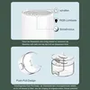 Collage showing details of a white humidifier, including controls and a water tank design. Produktbild-Vorschau