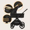 A black 3-in-1 stroller with multiple close-up views highlighting its features. Produktbild-Vorschau