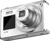 A close-up, studio shot of a silver and white digital camera against a white background. Produktbild-Vorschau