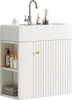 A white bathroom vanity with a sink and faucet, featuring open shelving and a cabinet with a fluted design. Podgląd zdjęcia produktu