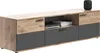 A long, low media console with a wood-tone top and drawer fronts, and gray cabinet doors and base. Produktbild-Vorschau