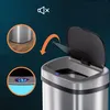A close-up of a sensor trash can with its lid open, showing the interior and a digital display on the lid. Inset images highlight the base of the trash can and the digital display with icons. Náhľad obrázku produktu
