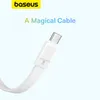 A close-up of a white USB-C cable connector with the Baseus logo and marketing text. Produktbild-Vorschau