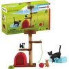 A product shot of a cat toy set, including a cat tree, figurines of cats, and accessories, displayed alongside its packaging. Anteprima dell’immagine prodotto