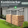 Two sections of a modular firewood storage rack filled with firewood, set up outdoors next to a building. Produktbild-Vorschau