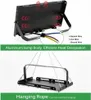 The image shows a black LED grow light with its back and hanging mechanism visible, along with text highlighting its features. Produktbild-Vorschau