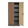 A tall metal filing cabinet with one wood-grain door and one tan door slightly ajar, revealing shelves inside. Produktbild-Vorschau