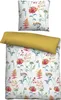 A flat lay of a duvet cover and pillowcase with a floral pattern, and a solid yellow pillow. Produktbild-Vorschau