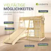 A wooden children's climbing frame with various activity stations, presented indoors on a wooden floor. Podgląd zdjęcia produktu