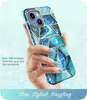 A hand holding an iPhone 14 Plus case with a geometric blue and teal marble pattern and gold accents. Podgląd zdjęcia produktu