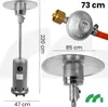 A collage of images showing a gas patio heater, a gas regulator with hose, and a close-up of the heater's top. Náhled obrázku produktu