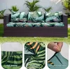 A collage of images showing outdoor sofa cushions with a tropical leaf pattern, and close-ups of the fabric features. Náhled obrázku produktu