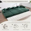 A modular green sofa is shown in a room with a rug. Below the sofa, there are instructional graphics for assembly. Produktbild-Vorschau