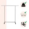 A silver metal garment rack with wheels, shown with icons indicating its features. Podgląd zdjęcia produktu
