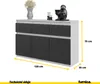 A modern dresser or sideboard with black doors and drawers, shown with decorative items and dimensions indicated. Náhľad obrázku produktu