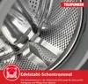 Close-up view of the inside of a washing machine drum, highlighting its stainless steel construction and features. Produktbild-Vorschau