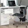 A white desk with an open drawer, a laptop, and a black office chair. Produktbild-Vorschau