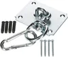 A close-up shot of a metal ceiling hook with carabiner and screws on a white background. Produktbild-Vorschau
