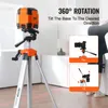 A laser level tripod is shown in a room with a person in the background. There are diagrams illustrating the rotation and tilt features of the tripod. Podgląd zdjęcia produktu