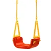 A red and yellow child's swing hanging from yellow ropes against a white background. Voir les images du produit