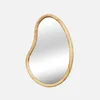 A single organic-shaped mirror with a wooden frame, presented against a plain light gray background.