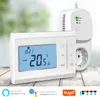 A white thermostat and a white plug adapter are shown on a wooden surface with a blurred background. Produktbild-Vorschau