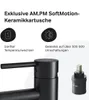 Close-up marketing image of a black faucet with accompanying icons and text highlighting its features. Produktbild-Vorschau