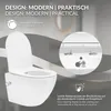 A wall-mounted toilet with a lid open, showing a close-up of the lid attachment mechanism and text highlighting features. Produktbild-Vorschau