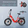 A red electric mountain bike with various dimensions and specifications displayed. Produktbild-Vorschau