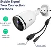 A security camera with connection method icons and text. Produktbild-Vorschau